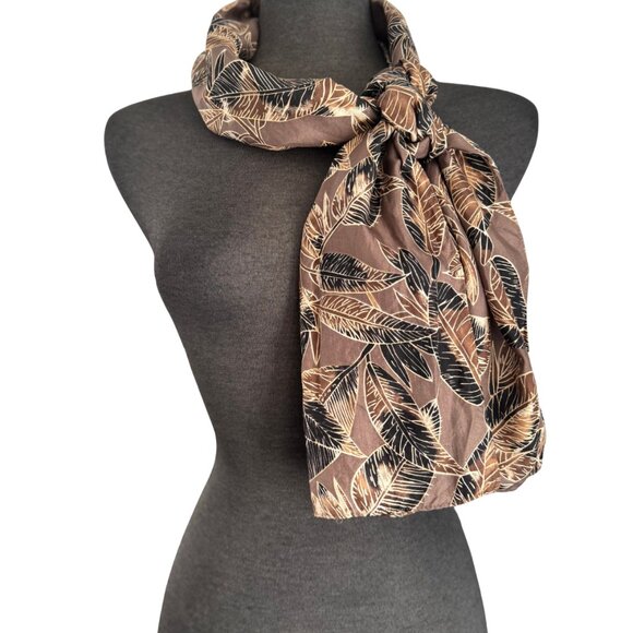 Korean Silk Scarf in Brown and Black Leaf Pattern Vintage - Picture 3 of 8